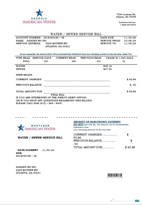 USA Maryland Georgia Water business utility bill template in Word and PDF formats